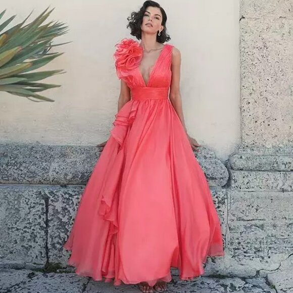 Mac Duggal 67911 V-Neck Sleeveless Ruffled Shoulder Ball Gown - Picture 1 of 8